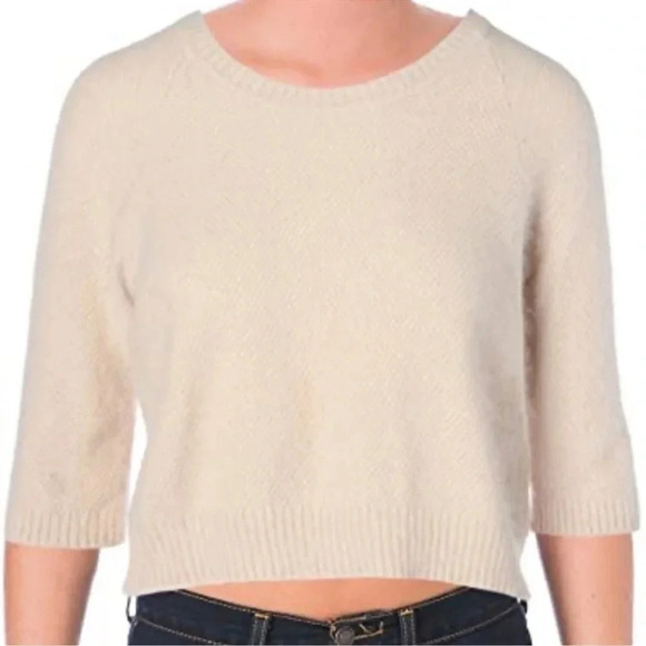 Sam Edelman Fuzzy Sweater Top Cropped Elbow Sleeve Angora Wool Blend Sz L - Picture 1 of 13